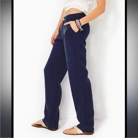 LILLY PULITZER | Breeta True Navy Blue Linen Wide Leg Pants Women’s Size 16 - Picture 2 of 14